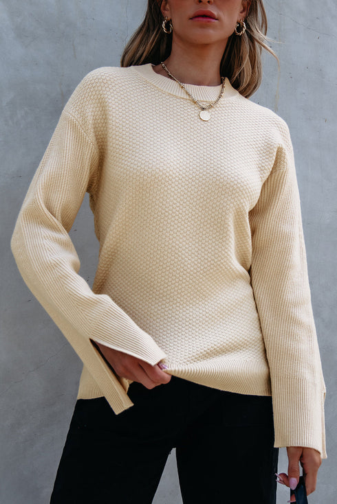 Textured Waffle Knit Split Cuff Crew Neck Sweater