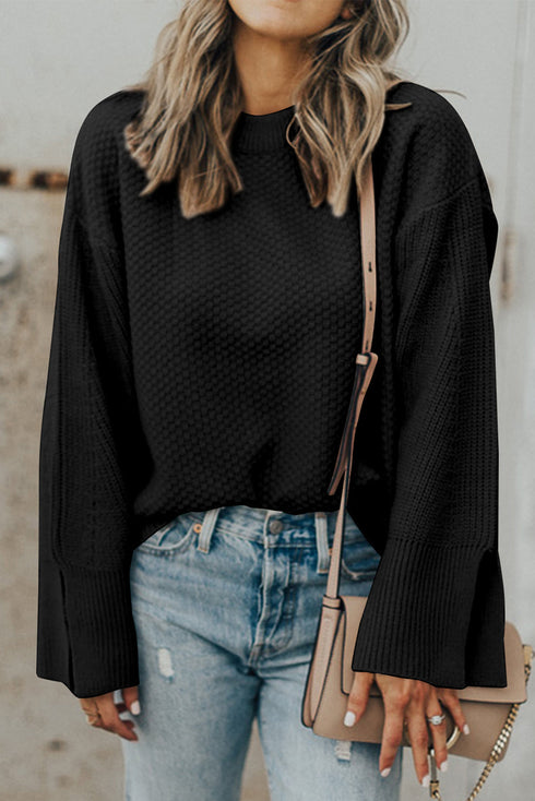 Textured Waffle Knit Split Cuff Crew Neck Sweater