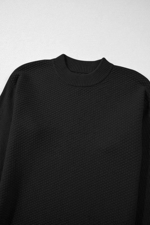Textured Waffle Knit Split Cuff Crew Neck Sweater