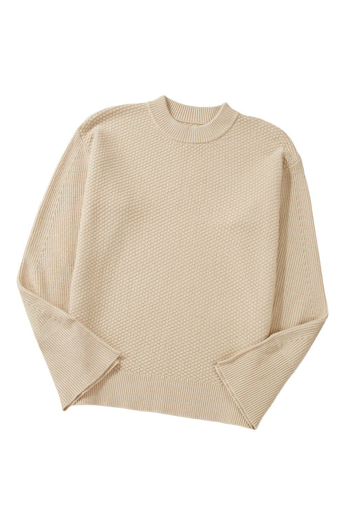 Textured Waffle Knit Split Cuff Crew Neck Sweater