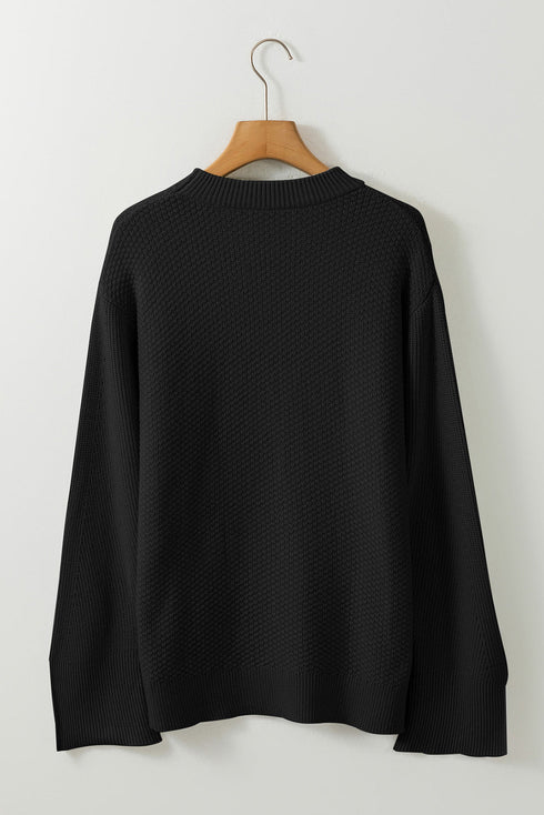 Textured Waffle Knit Split Cuff Crew Neck Sweater