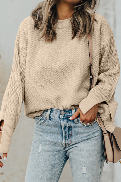 Textured Waffle Knit Split Cuff Crew Neck Sweater