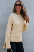 Textured Waffle Knit Split Cuff Crew Neck Sweater