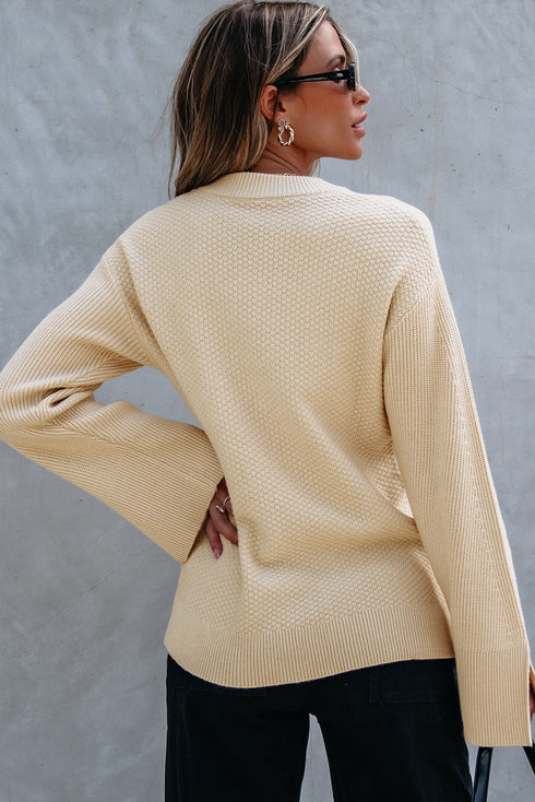 Textured Waffle Knit Split Cuff Crew Neck Sweater