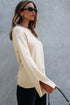 Textured Waffle Knit Split Cuff Crew Neck Sweater