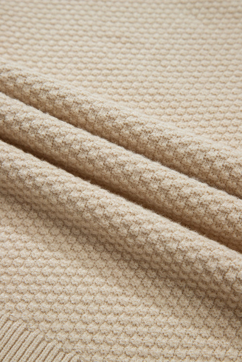 Textured Waffle Knit Split Cuff Crew Neck Sweater