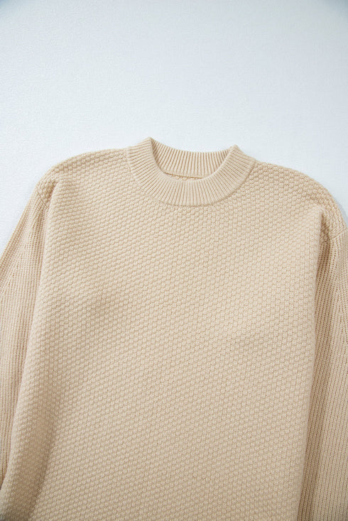 Textured Waffle Knit Split Cuff Crew Neck Sweater