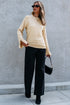 Textured Waffle Knit Split Cuff Crew Neck Sweater