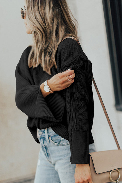 Textured Waffle Knit Split Cuff Crew Neck Sweater
