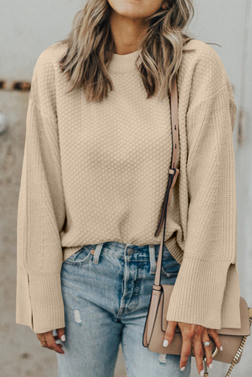 Textured Waffle Knit Split Cuff Crew Neck Sweater