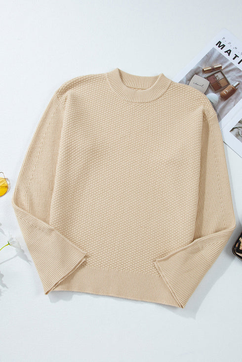 Textured Waffle Knit Split Cuff Crew Neck Sweater