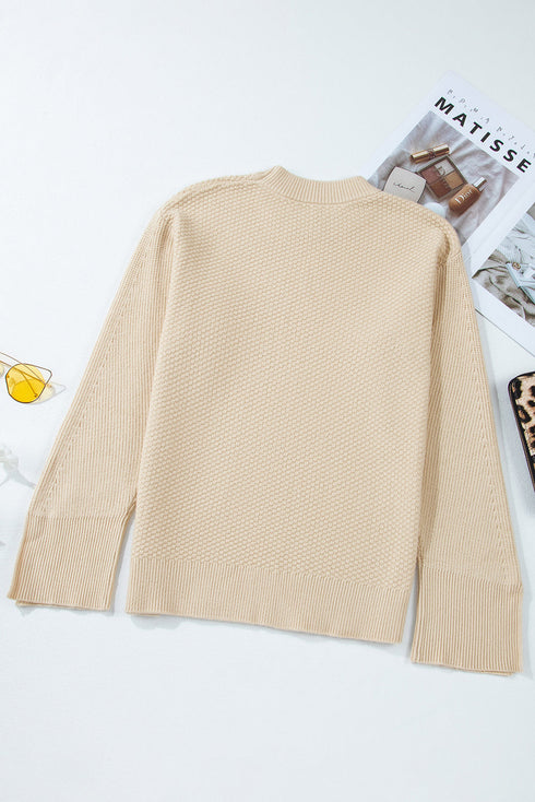 Textured Waffle Knit Split Cuff Crew Neck Sweater