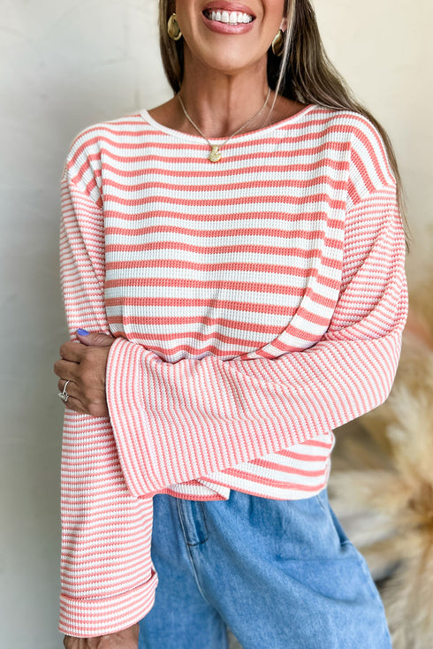Textured Waffle Knit Stripe Dropped Shoulder Top