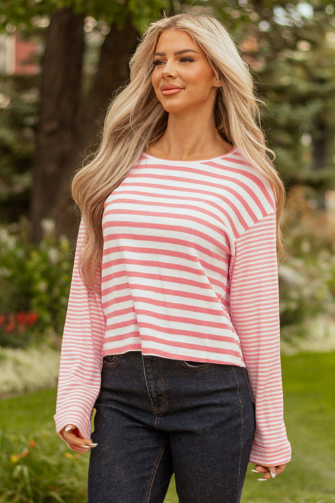 Textured Waffle Knit Stripe Dropped Shoulder Top