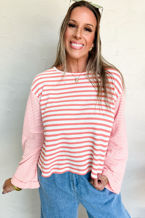 Textured Waffle Knit Stripe Dropped Shoulder Top