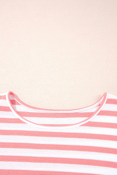 Textured Waffle Knit Stripe Dropped Shoulder Top