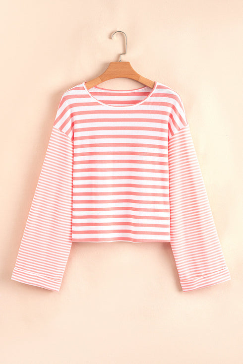 Textured Waffle Knit Stripe Dropped Shoulder Top