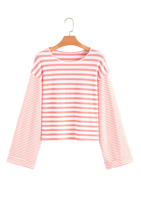 Textured Waffle Knit Stripe Dropped Shoulder Top