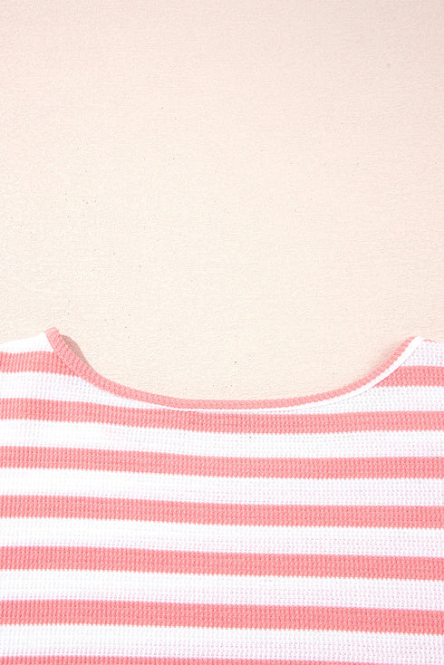 Textured Waffle Knit Stripe Dropped Shoulder Top