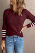 Textured Waffle Knit Striped Cuff Long Sleeve Top
