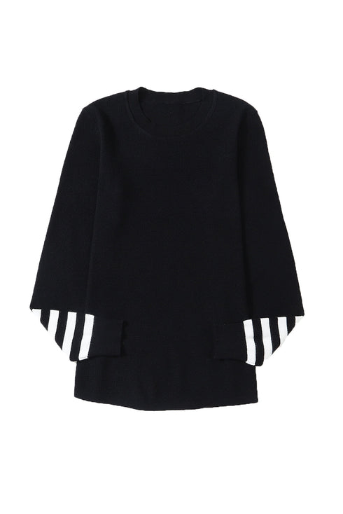 Textured Waffle Knit Striped Cuff Long Sleeve Top