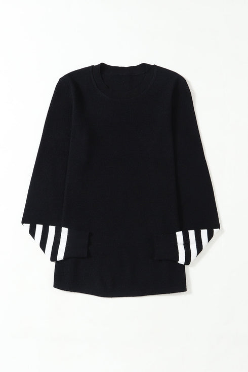 Textured Waffle Knit Striped Cuff Long Sleeve Top