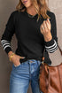 Textured Waffle Knit Striped Cuff Long Sleeve Top