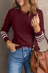 Textured Waffle Knit Striped Cuff Long Sleeve Top