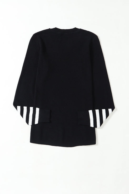 Textured Waffle Knit Striped Cuff Long Sleeve Top