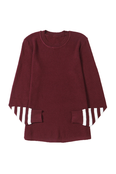 Textured Waffle Knit Striped Cuff Long Sleeve Top
