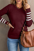 Textured Waffle Knit Striped Cuff Long Sleeve Top
