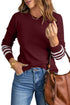 Textured Waffle Knit Striped Cuff Long Sleeve Top
