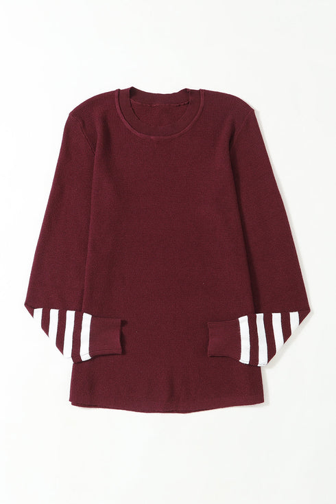 Textured Waffle Knit Striped Cuff Long Sleeve Top