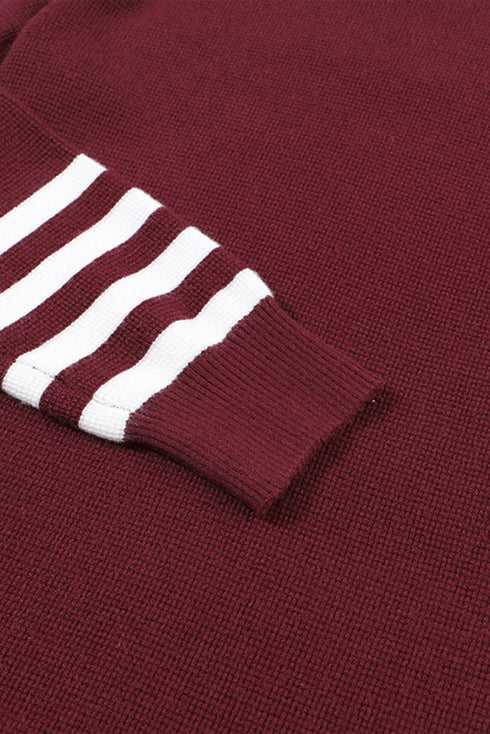 Textured Waffle Knit Striped Cuff Long Sleeve Top