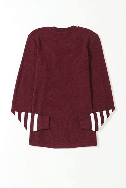 Textured Waffle Knit Striped Cuff Long Sleeve Top