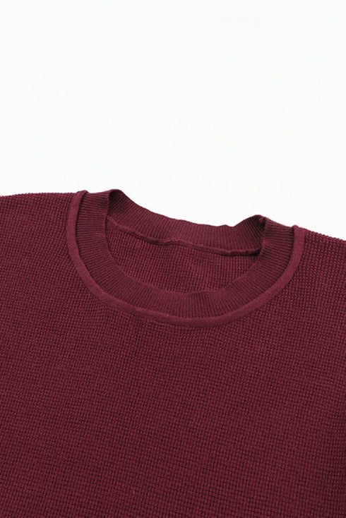 Textured Waffle Knit Striped Cuff Long Sleeve Top