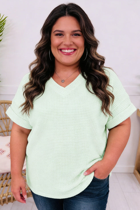 Textured Waffle Knit V Neck Short Sleeve Plus Size Top