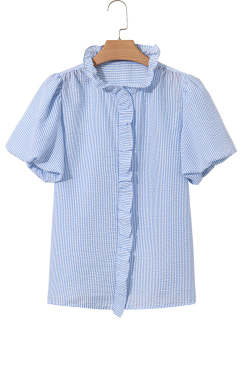 Textured Waffle Ruffle Placket Flutter Sleeve Blouse