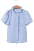 Textured Waffle Ruffle Placket Flutter Sleeve Blouse