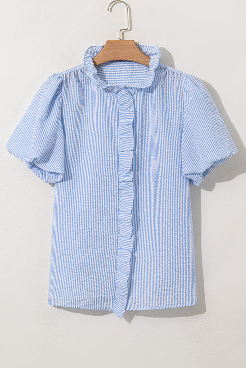 Textured Waffle Ruffle Placket Flutter Sleeve Blouse