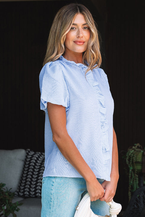 Textured Waffle Ruffle Placket Flutter Sleeve Blouse