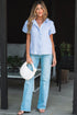 Textured Waffle Ruffle Placket Flutter Sleeve Blouse