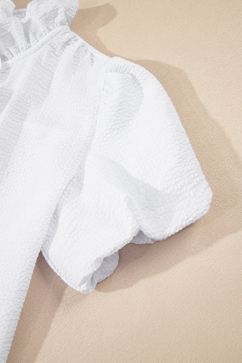 Textured Waffle Ruffle Placket Flutter Sleeve Blouse