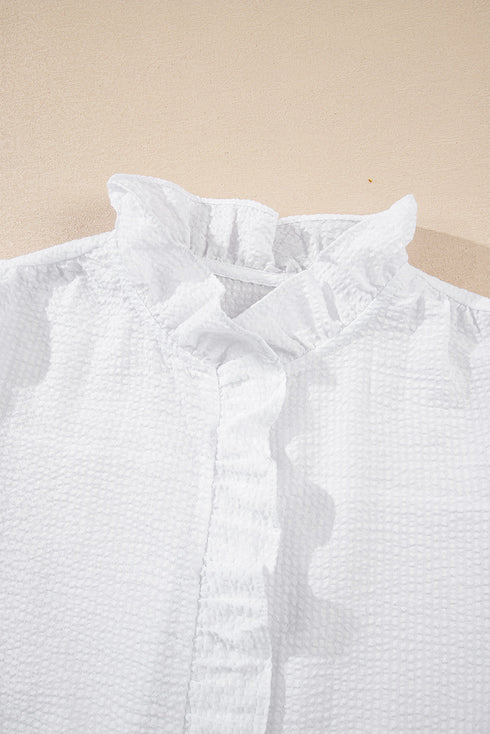 Textured Waffle Ruffle Placket Flutter Sleeve Blouse