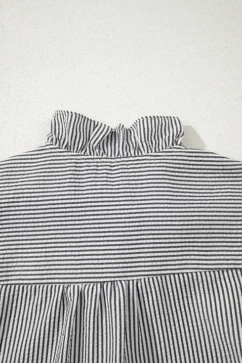 Textured Waffle Ruffle Placket Flutter Sleeve Blouse