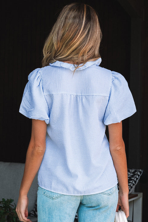 Textured Waffle Ruffle Placket Flutter Sleeve Blouse