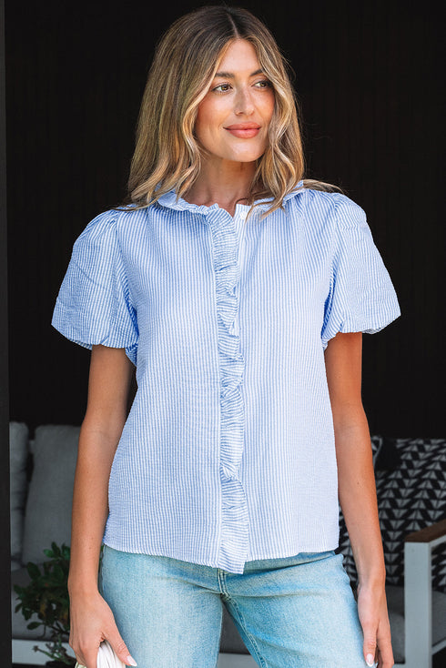 Textured Waffle Ruffle Placket Flutter Sleeve Blouse