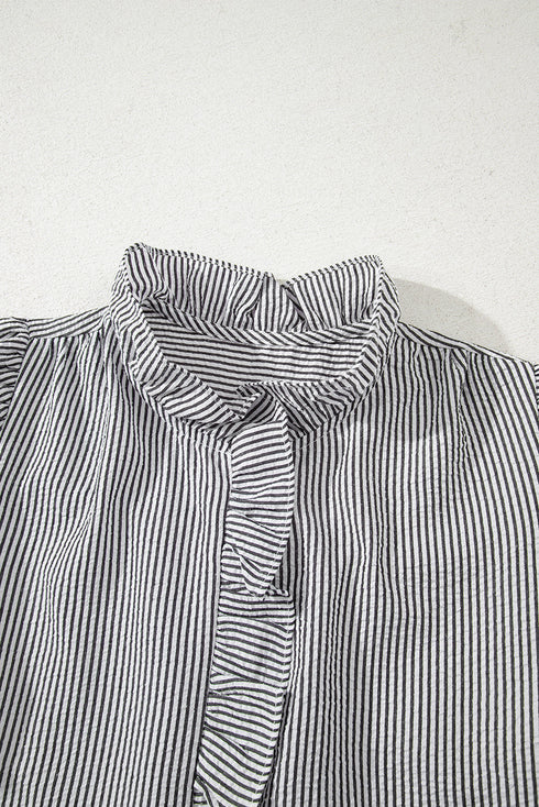 Textured Waffle Ruffle Placket Flutter Sleeve Blouse