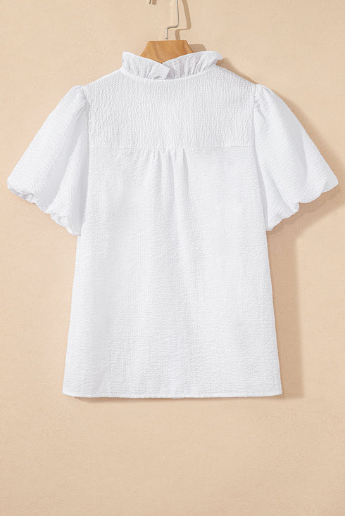 Textured Waffle Ruffle Placket Flutter Sleeve Blouse