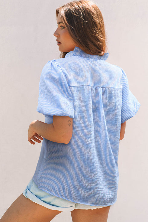 Textured Waffle Ruffle Placket Flutter Sleeve Blouse